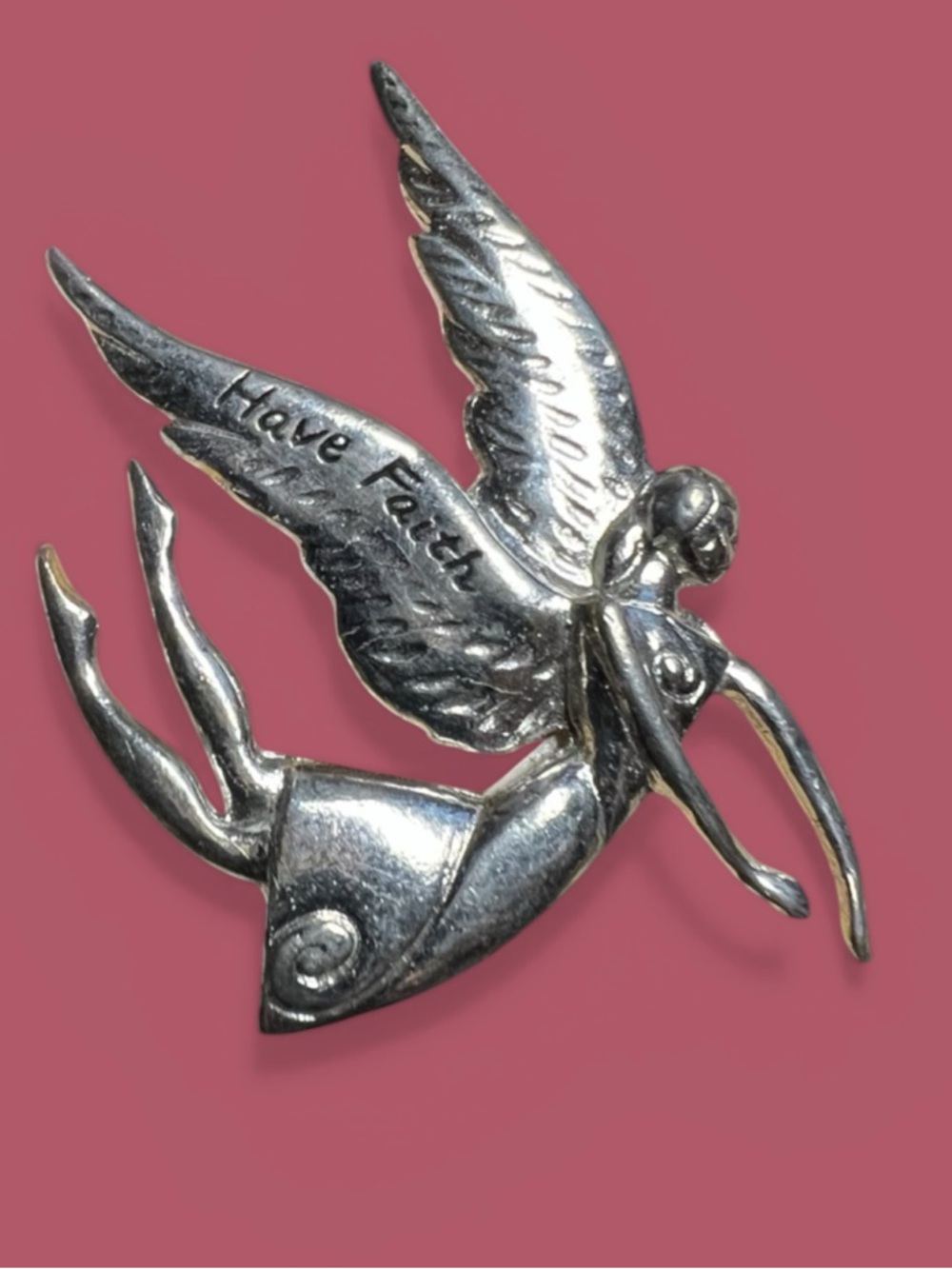 Silver-tone Winged Fairy Brooch - 'Have Faith' Script